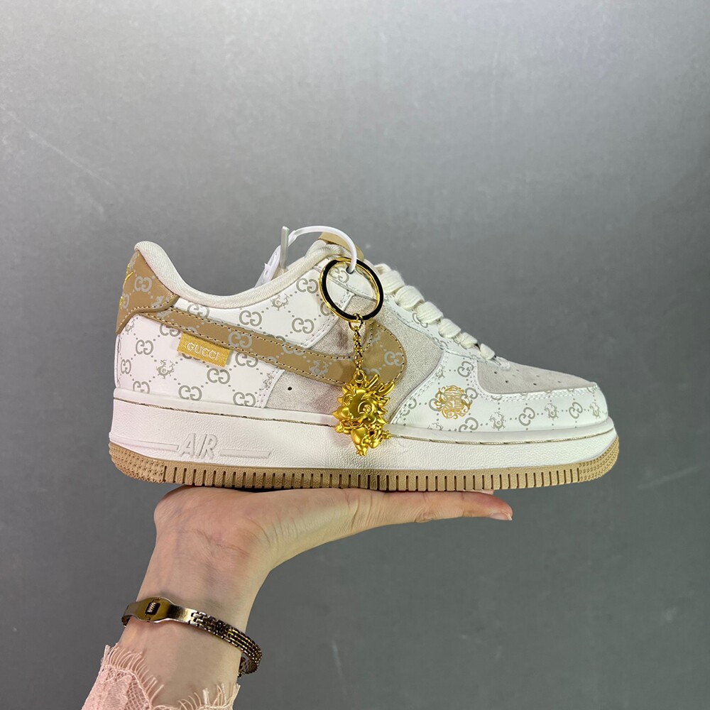 Gucci x Nike Air Force 1 '07 Low White Khaki Shoes Sneakers