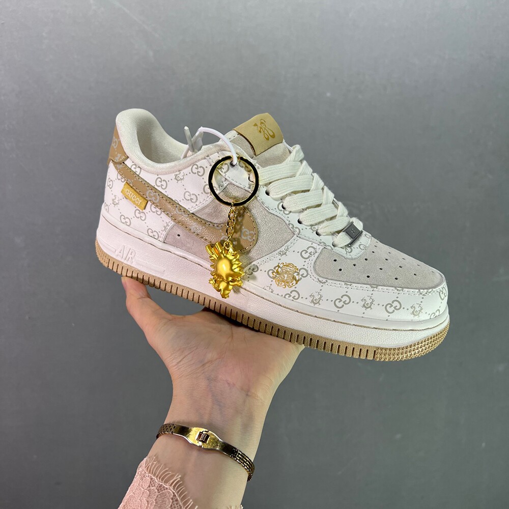 Gucci x Nike Air Force 1 '07 Low White Khaki Shoes Sneakers